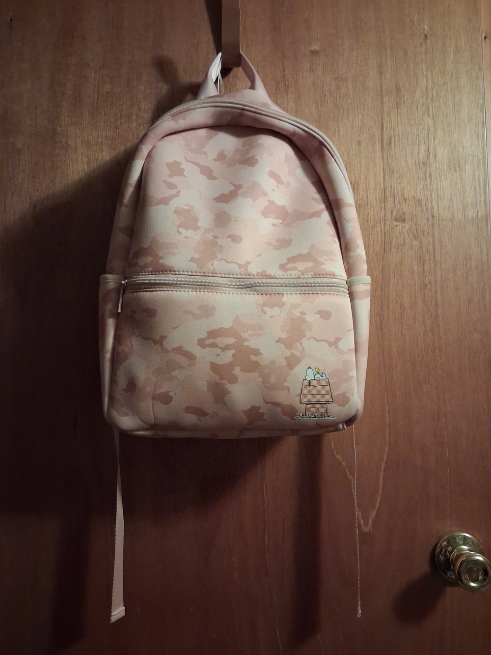 SNOOPY! Large Peach Stone Washed Camo  Backpack with Snoopy On Doghouse.